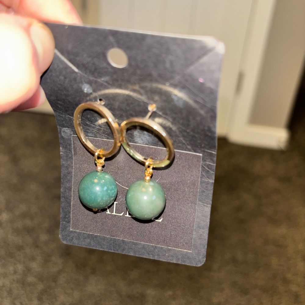 Allez Gold Hoop Earrings with Green Stone Drops